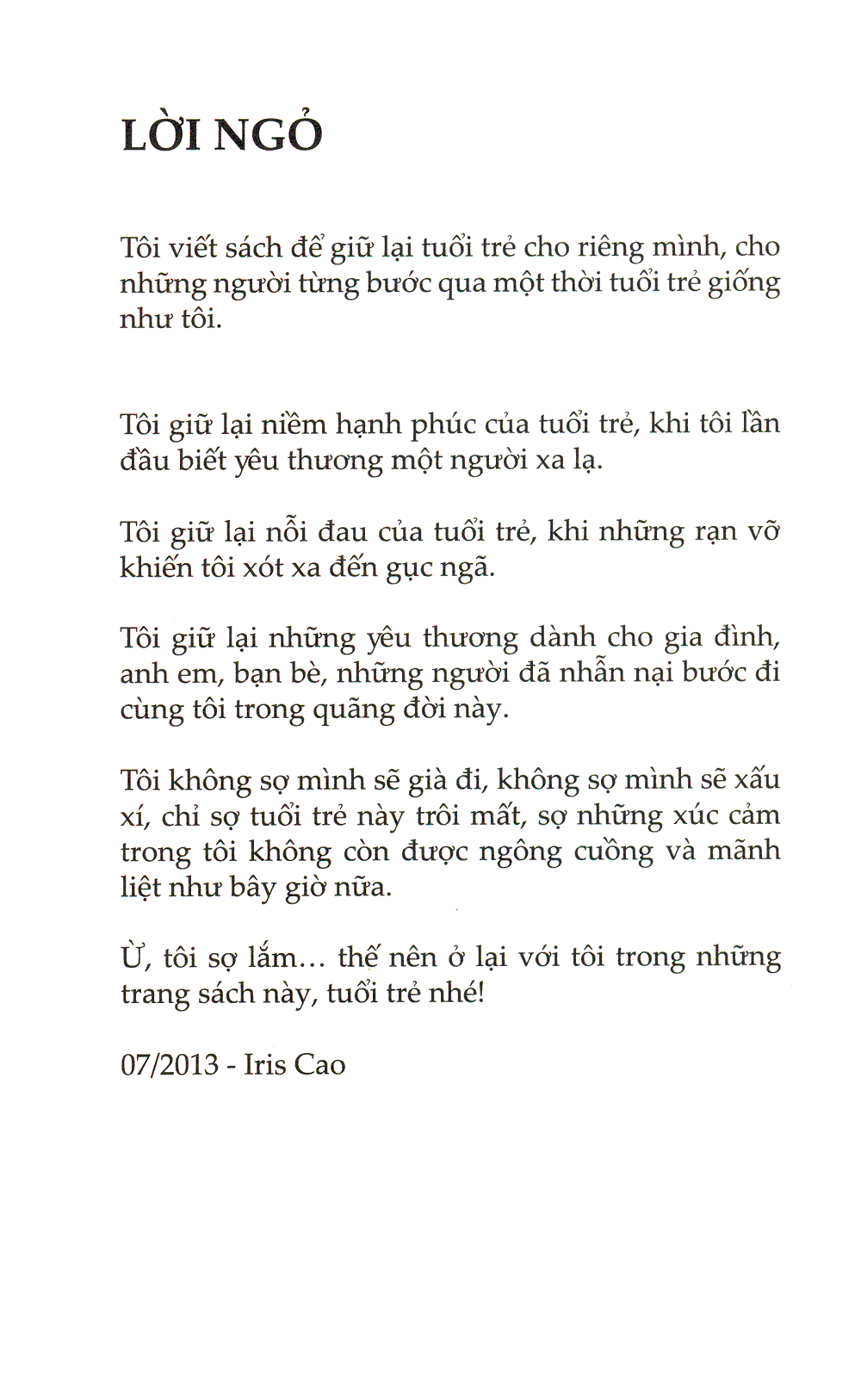 Lời ngỏ của tác giả Iris Cao trong cuốn sách