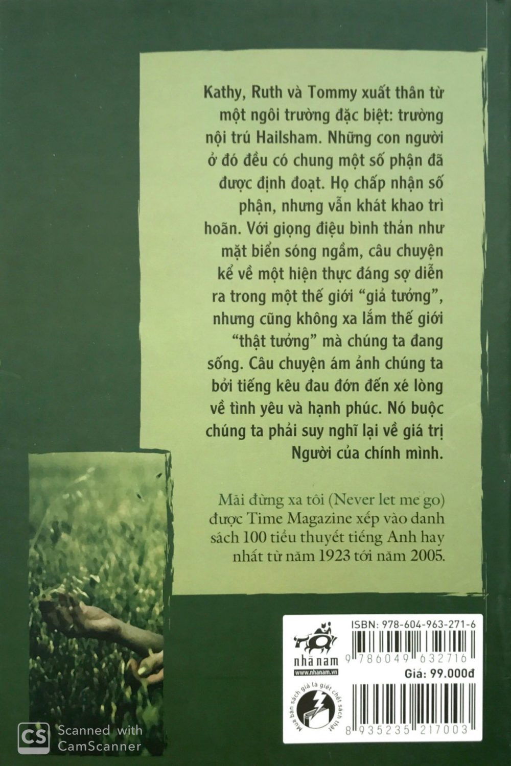 Bìa sau của tiểu thuyết Never let me go