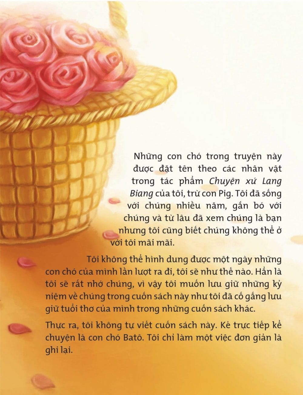 mặt sau của cuốn truyện một trang truyện của Con chó nhỏ mang giỏ hoa hồng