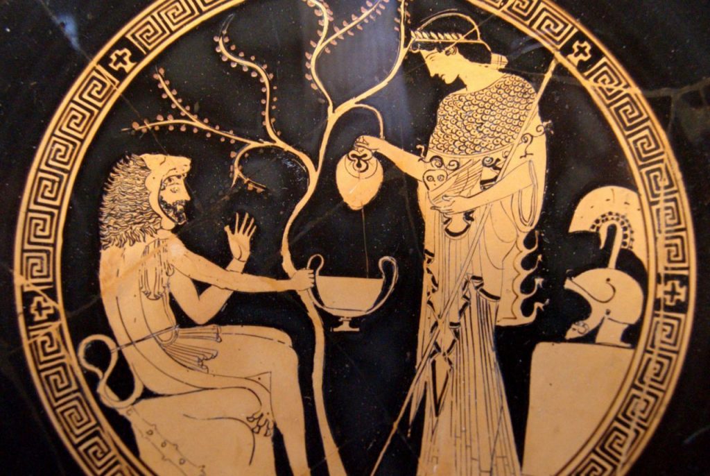 Thần Athena ban tặng cây ô liu (hình minh họa trên một bình gốm cổ)