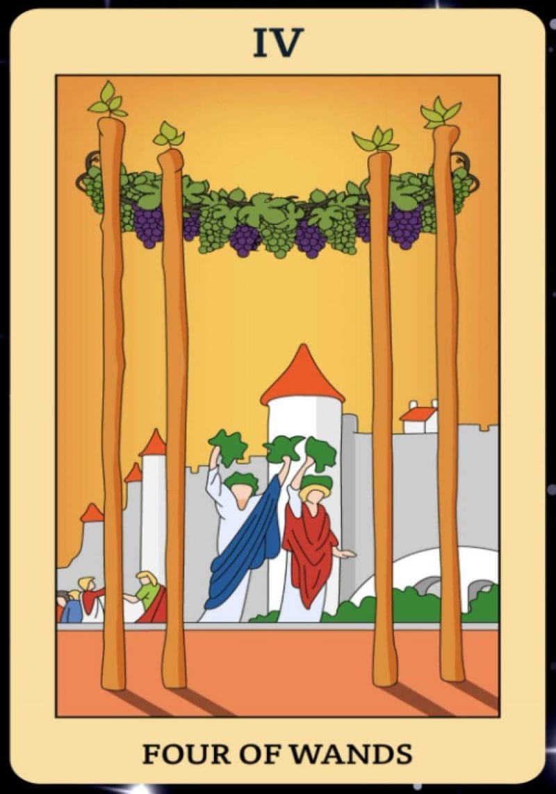 4 of Wands đại diện cho sự ăn mừng và niềm phấn khởi