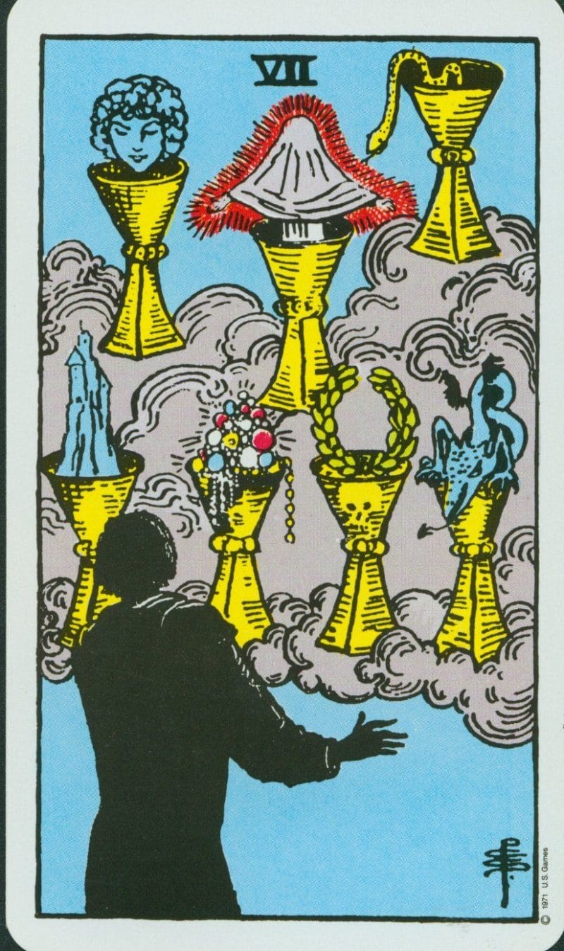 7 Of Cups được biết đến với hình ảnh người đàn ông đúng trước bảy chiếc cốc chứa đựng những vật phẩm khác nhau