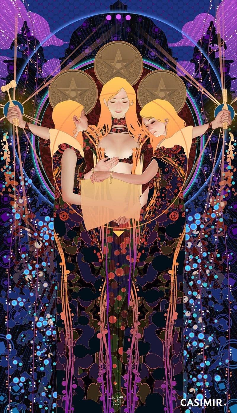 3 Of Pentacles khắc họa hình ảnh của ba nhân vật chính gồm một người thợ đá trẻ tuổi và hai vị kiến trúc sư dày dặn kinh nghiệm