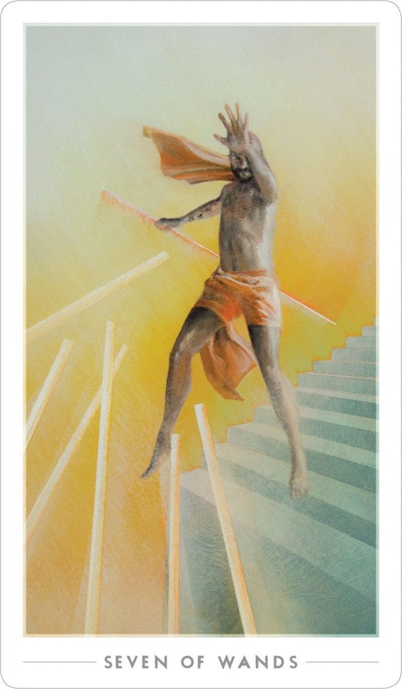 7 of Wands cũng có thể đề cập đến sự kháng cự với dòng chảy nhàm chán của cuộc đời